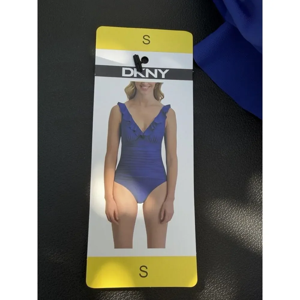 DKNY Blue One-Piece Swimsuit Ruffle Trim Adjustable Straps Size Small NWT - Picture 3 of 4